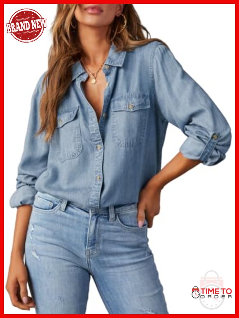 Women's Long Sleeve V Neck Button Down Denim Shirt Blouse Top